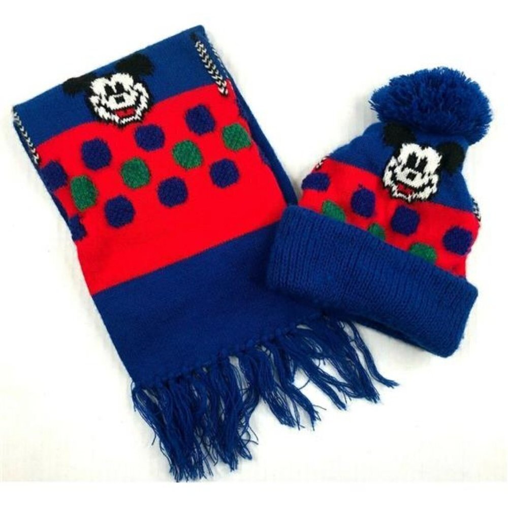 Vintage Red Blue USA Disney Mickey Mouse Knit Hat and Scarf Set